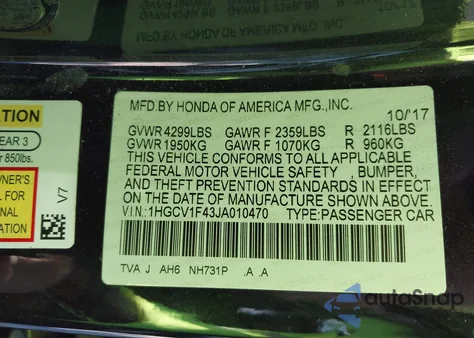 2018 Honda Accord Ex z USA, uszkodzony, nr VIN 1HGCV1F43JA010470